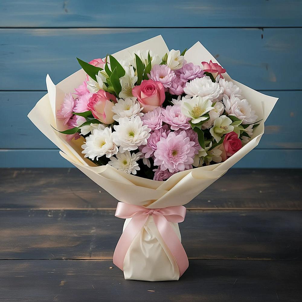 Букет цветов из: Хризантемы, Альстромерии и Розы в Башмаково